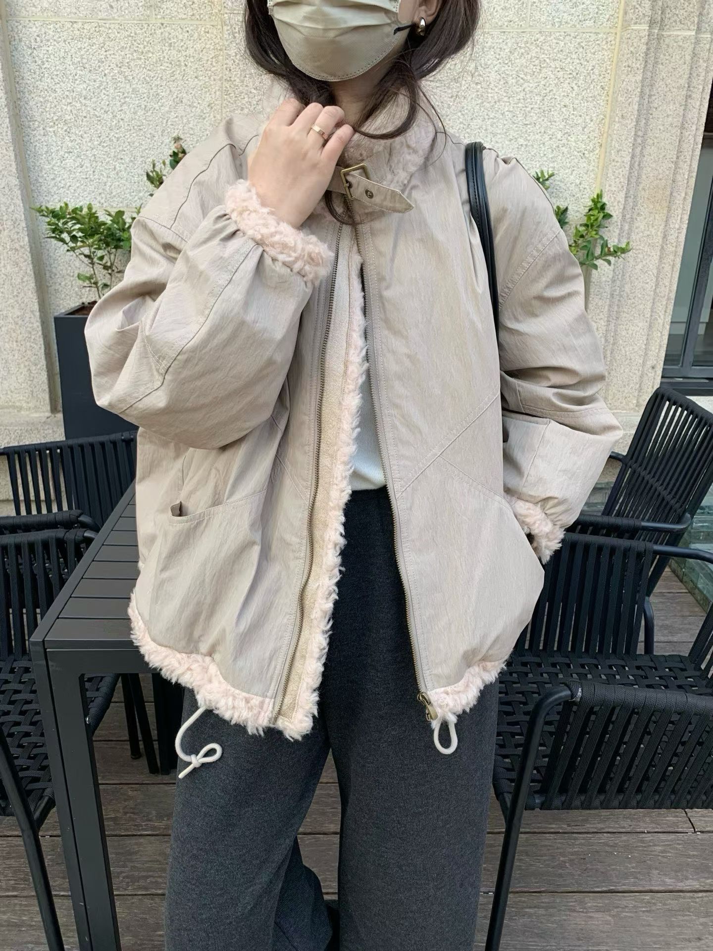 韩国东大门正立领宽松纯色高品质氛围感羊羔毛拉链派克羽绒服外套