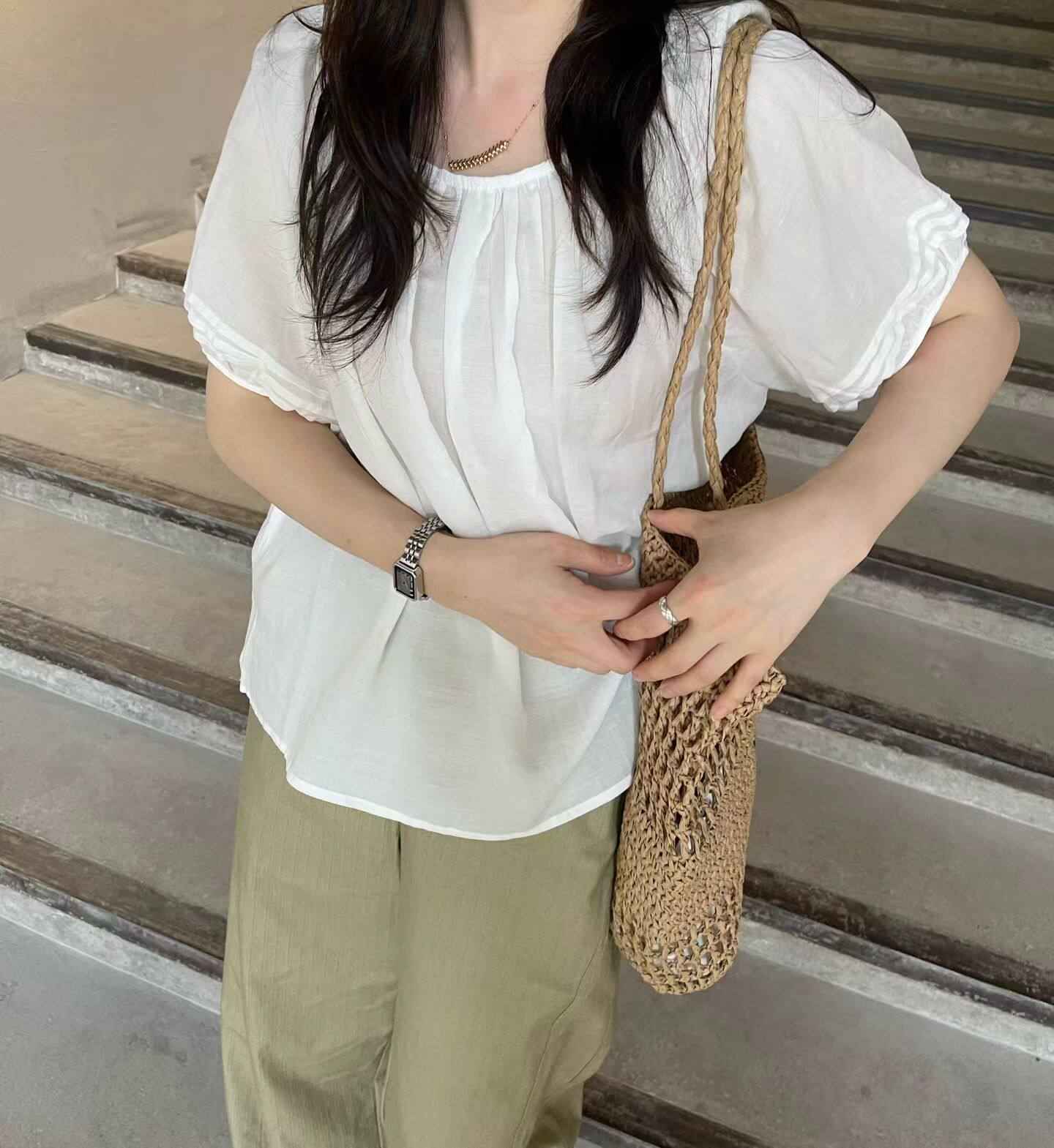 韩国东大门正品女装百搭圆领系带短袖薄衬衫宽松显瘦休闲上衣chic