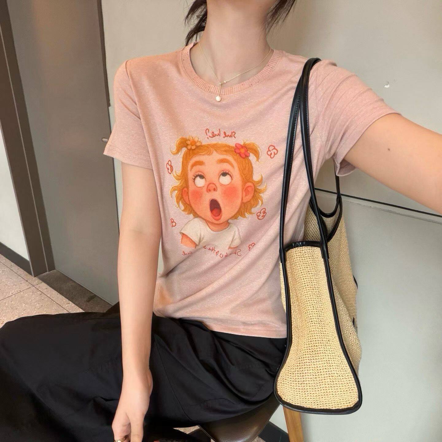 韩国东大门正品夏季卷发小女孩百搭圆领短袖卡通印花T恤宽松ins
