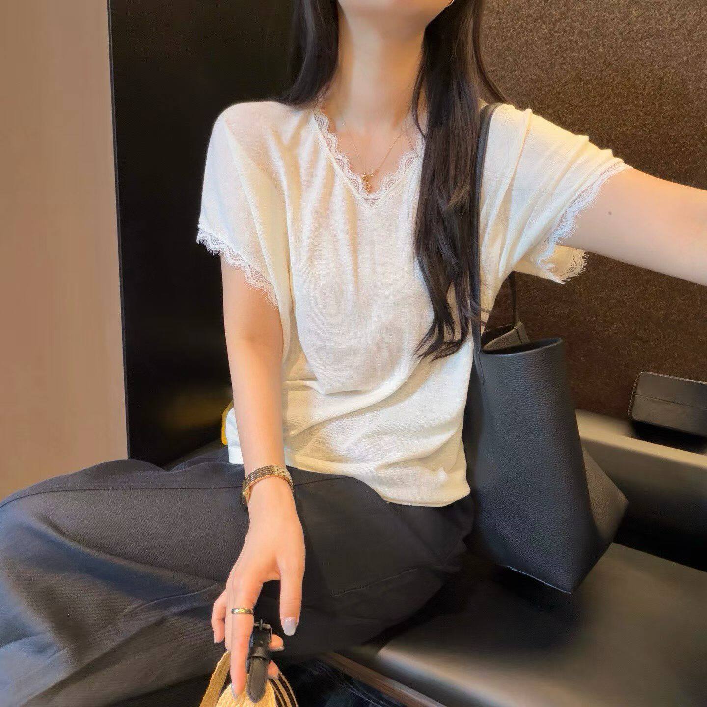 韩国东大门正品女装2026夏季新V领蕾丝花边短袖T恤宽松显瘦上衣潮