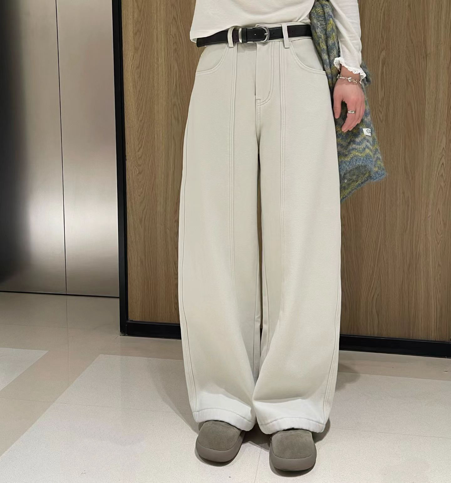 韩国东大门正品秋冬高品质加绒加厚搭配腰带香蕉裤宽松休闲裤加绒