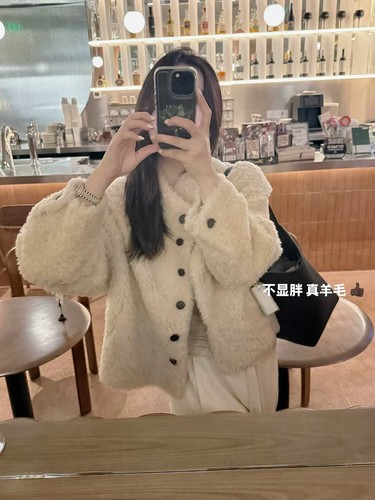 韩国东大门正品2025百搭小立领宽松颗粒羊毛保暖皮毛一体外套休闲