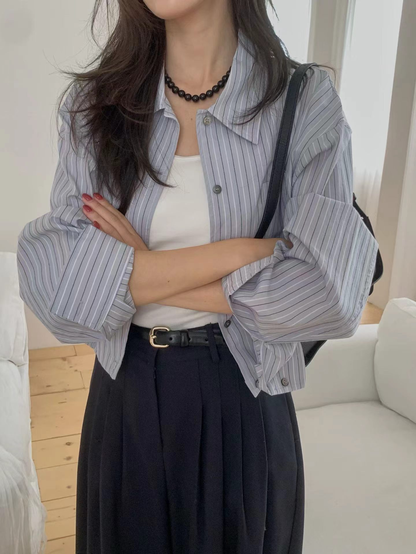 韩国东大门正品女装2026秋季百搭显瘦翻领长袖条纹短款衬衫上衣