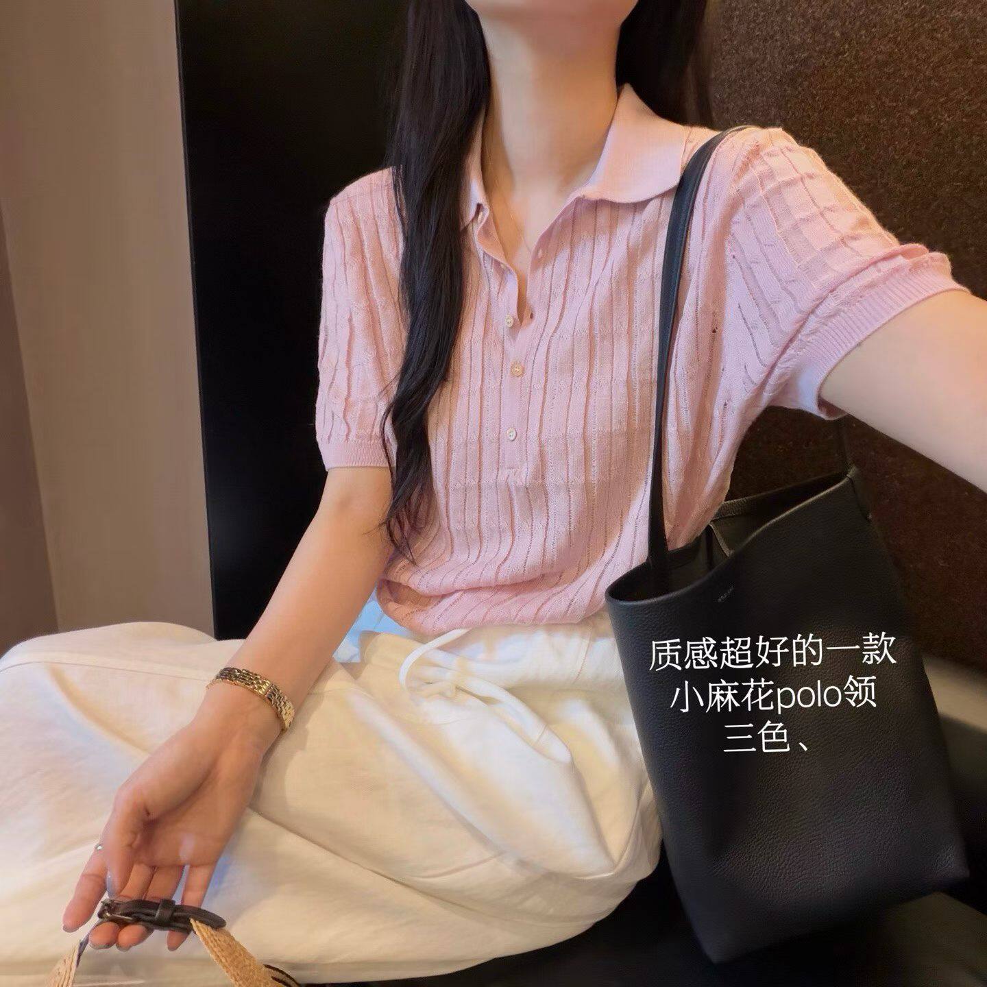 韩国东大门正品女夏季新款麻花镂空polo领短袖针织衫宽松显瘦上衣