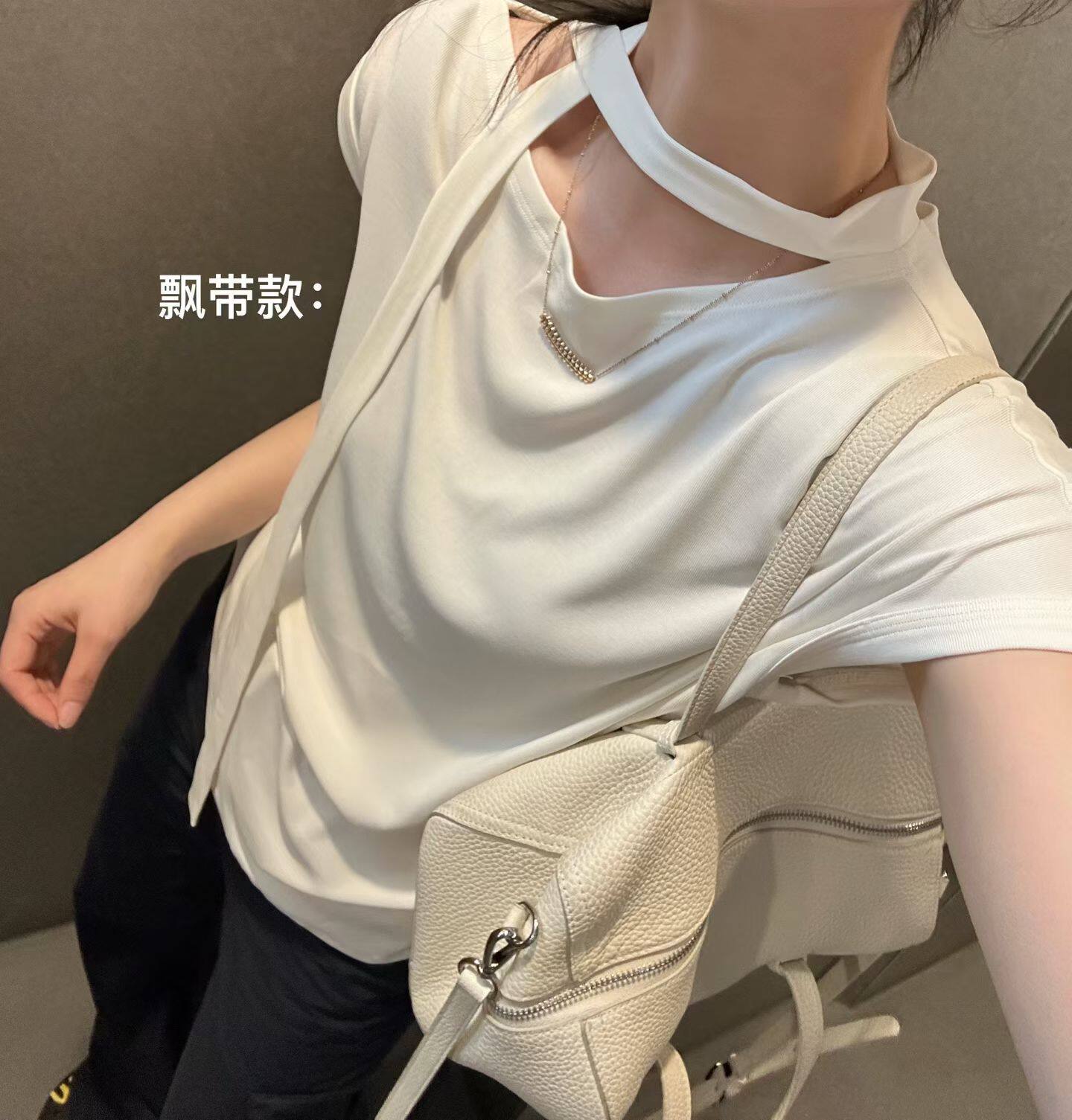 韩国东大门正品女装时尚百搭圆领短袖T恤宽松显瘦上衣ins飘带设计