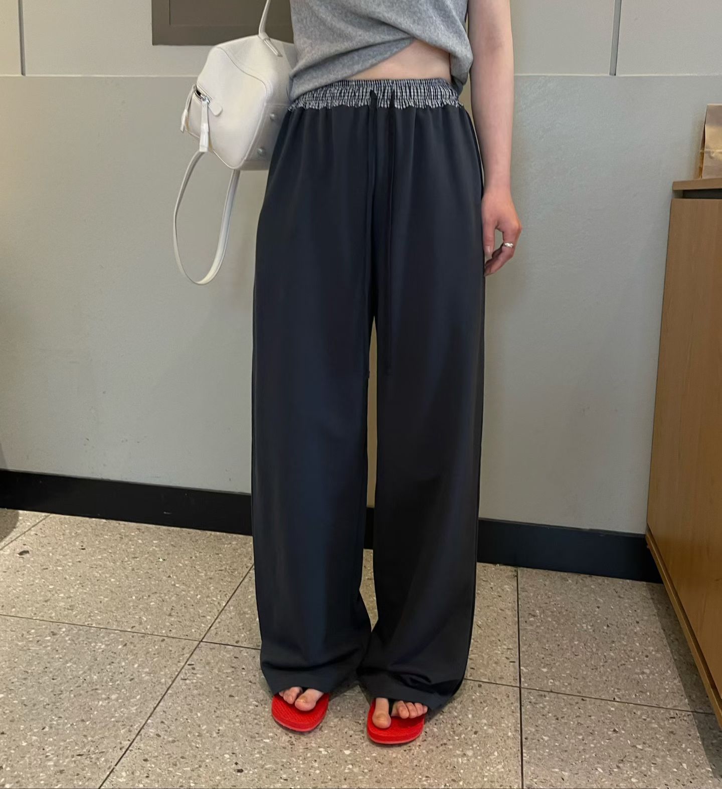 韩国东大门女装2026春夏高品质松紧腰抽绳休闲裤显瘦直筒拼接格子