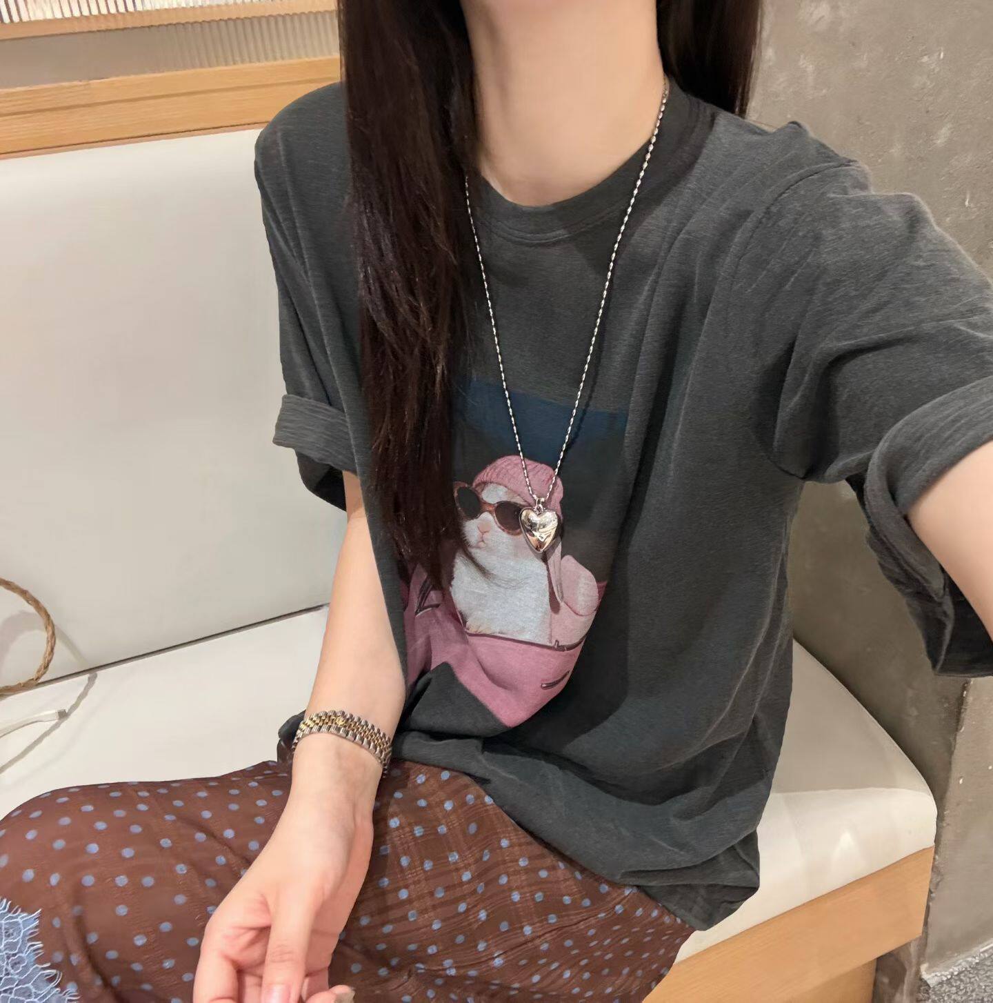 韩国东大门正品女圆领卡通可爱墨镜猫咪印花短袖T恤宽松显瘦百搭