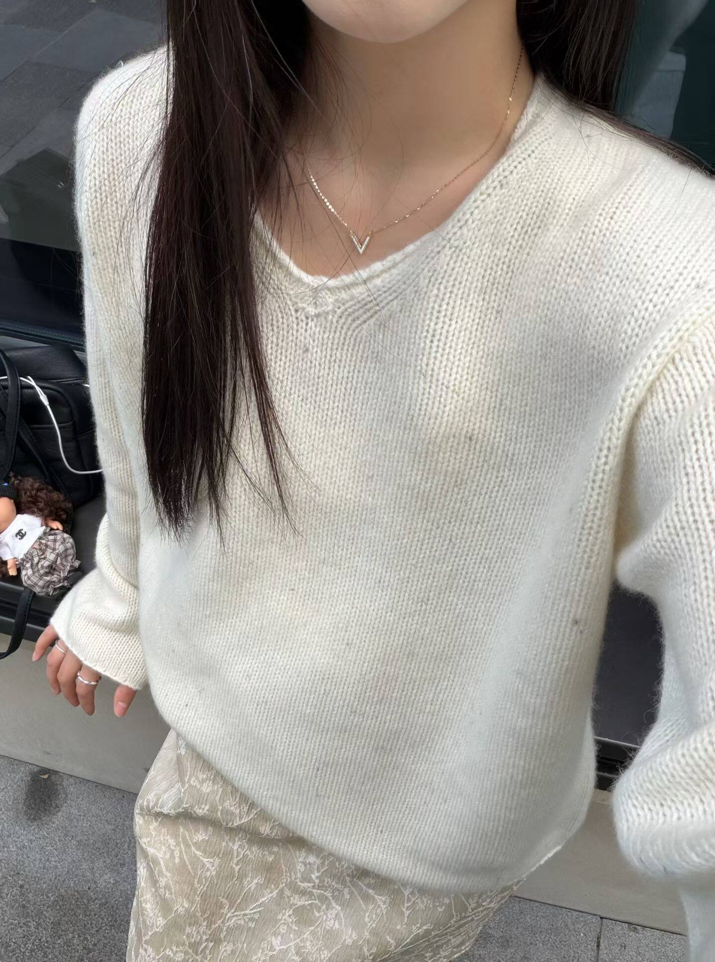 韩国东大门正品女装百搭显瘦V领亮丝杂色山羊绒针织衫毛衣上衣ins