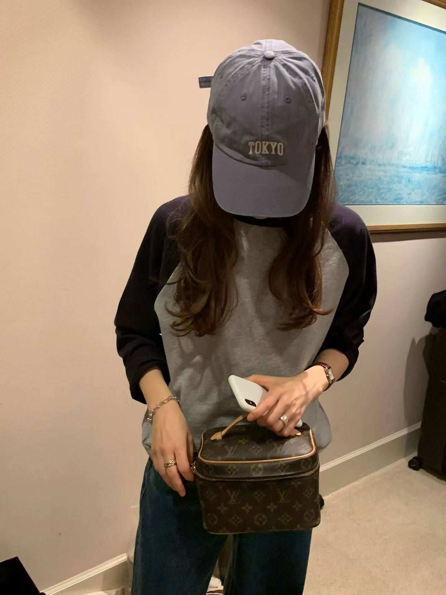 ounce韩国东大门正品女装百搭显瘦圆领拼色插肩长袖T恤打底衫上衣