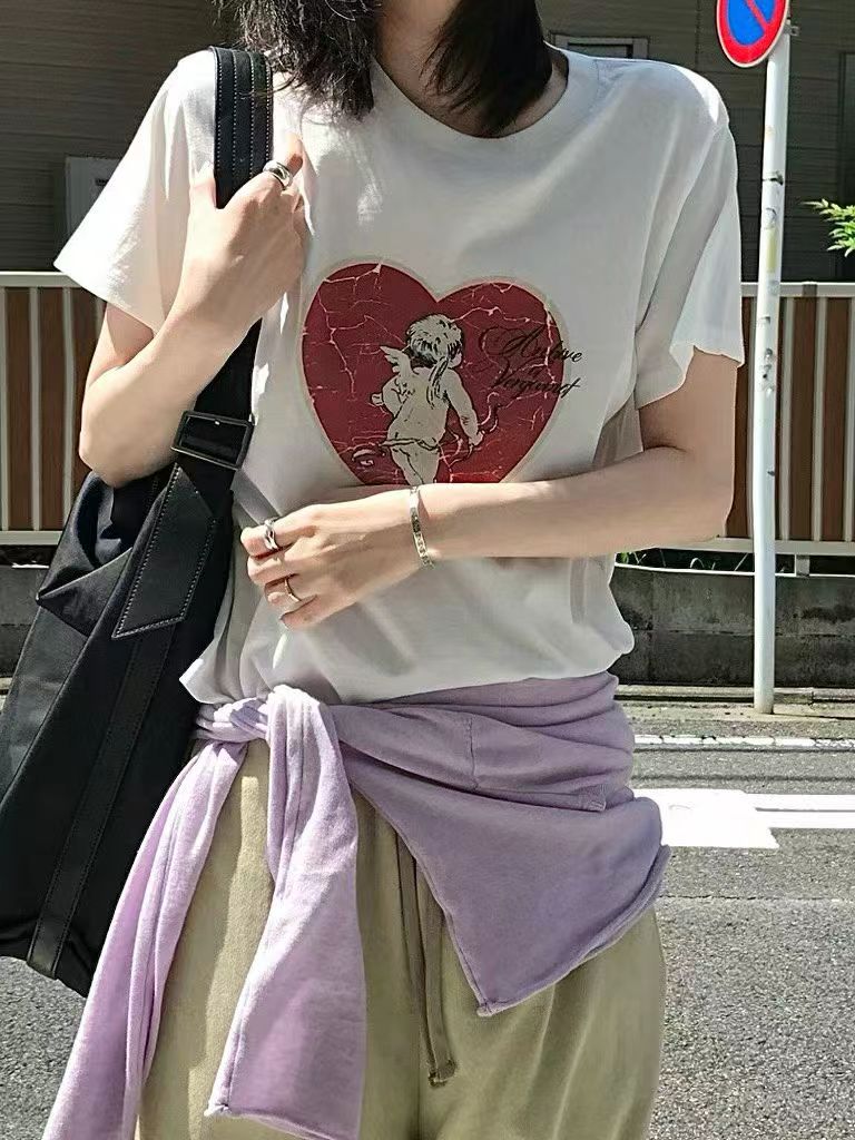 韩国东大门正品女装2026圆领短袖爱心印花T恤宽松显瘦百搭上衣