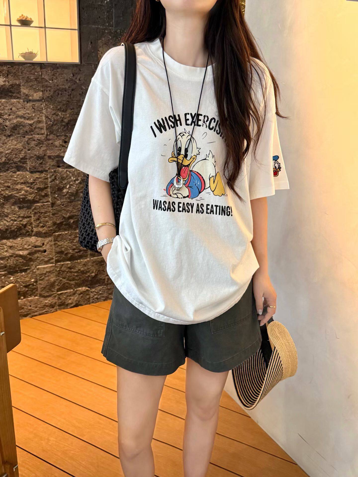 韩国东大门正品女装百搭圆领短袖唐老鸭字母T恤宽松显瘦休闲上衣