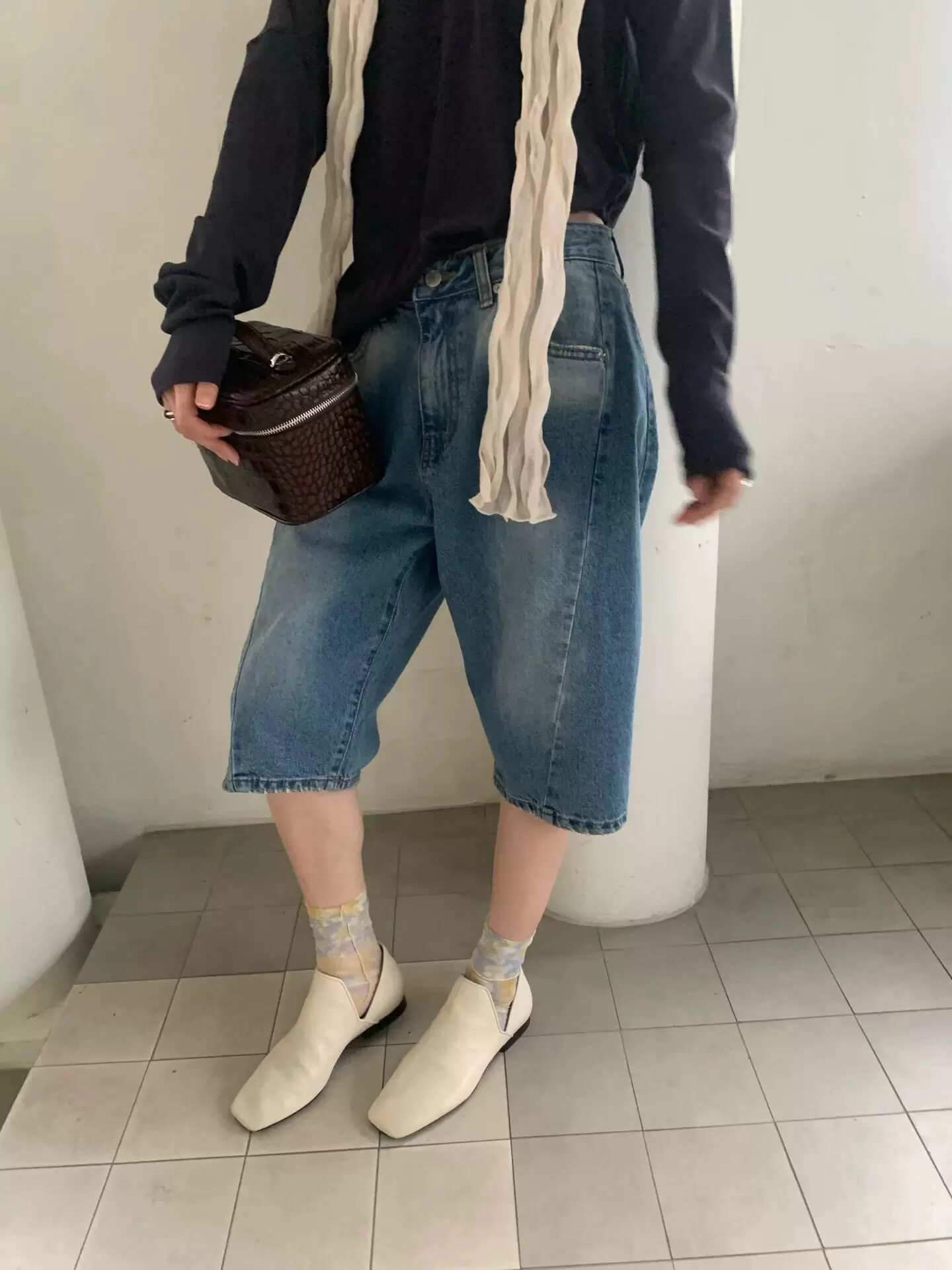 韩国东大门正品女装2026夏季新高腰显瘦五分中直筒阔腿牛仔裤时尚