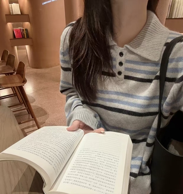 韩国东大门正品女装2025新百搭翻领polo长袖条纹针织衫毛衣上衣