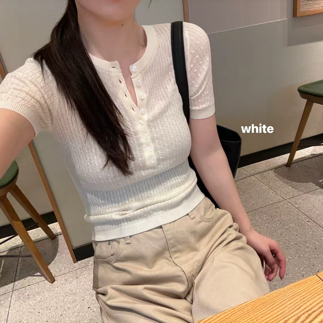 韩国东大门正品女装2026夏季新圆领半开扣麻花短袖T恤时尚百搭ins