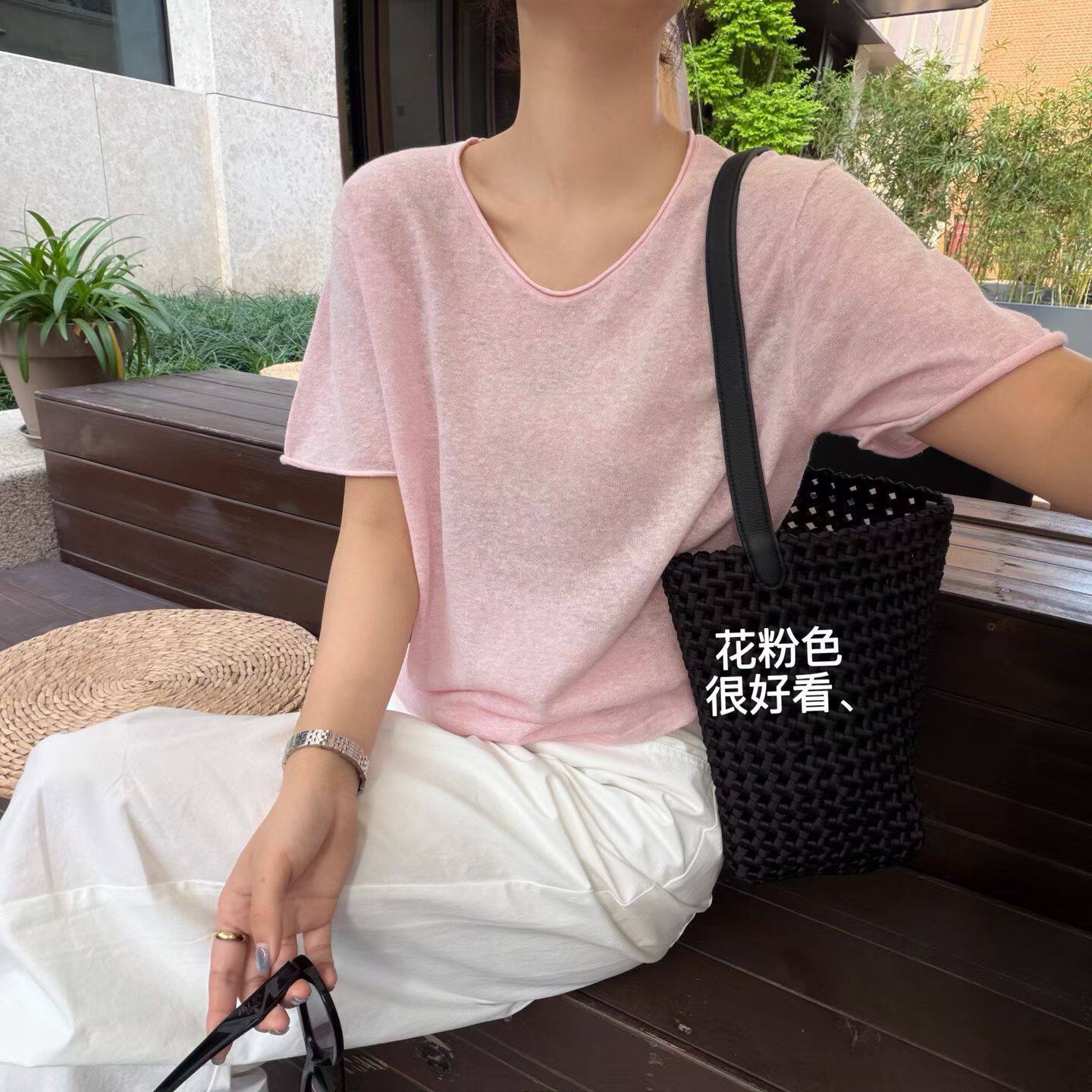 韩国东大门正品女装百搭圆领卷边薄款麻料冰线短袖T恤显瘦上衣ins