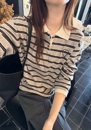 韩国东大门正品女装2026新百搭显瘦翻领刺绣爱心条纹针织衫打底衫