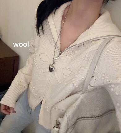 韩国东大门正品女百搭显瘦翻领双拉链菱格立体钩花纹针织开衫外套