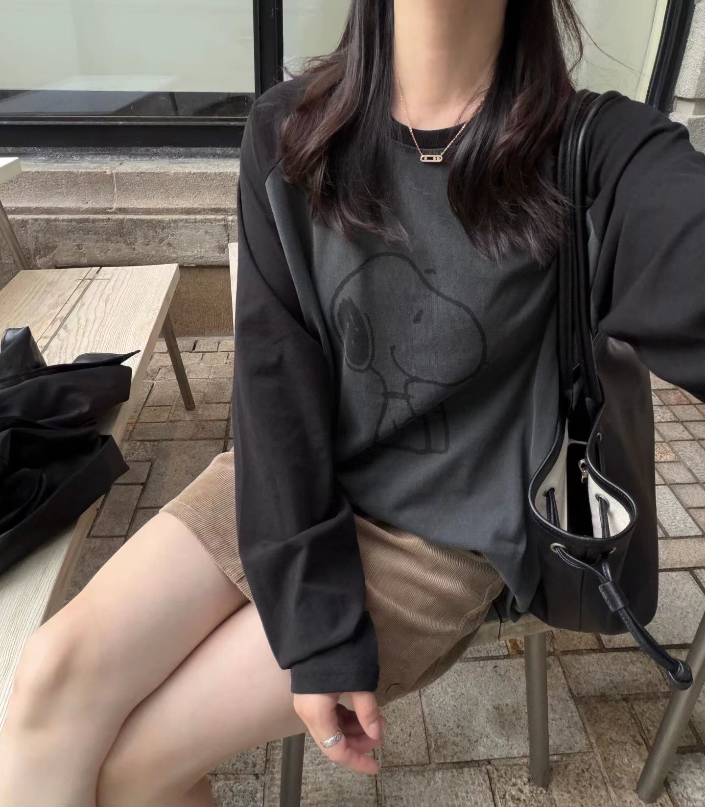 韩国东大门正品女装秋季新款百搭显瘦圆领长袖卡通史努比印花T恤