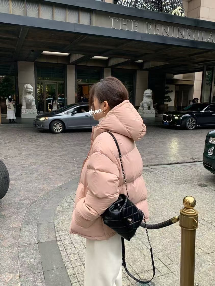 现！韩国东大门正品女装 冬季新款粉红色pink甜美连帽羽绒服外套