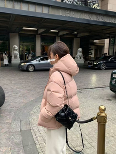 现！韩国东大门正品女装 冬季新款粉红色pink甜美连帽羽绒服外套