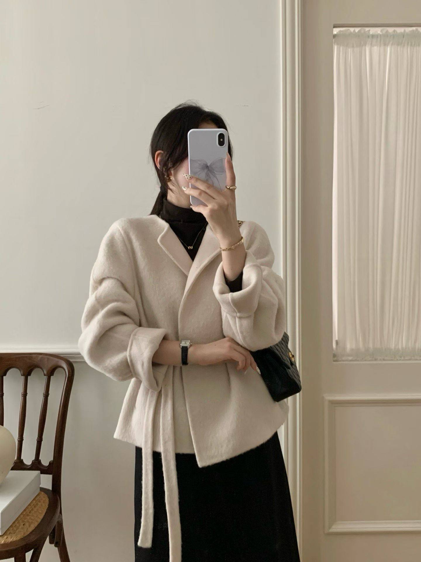 韩国东大门正品女装2025新百搭V领系带长袖羊毛大衣外套女短款,女装/女士精品,毛呢外套,淘宝优惠券,粉丝福利购,淘宝优惠卷