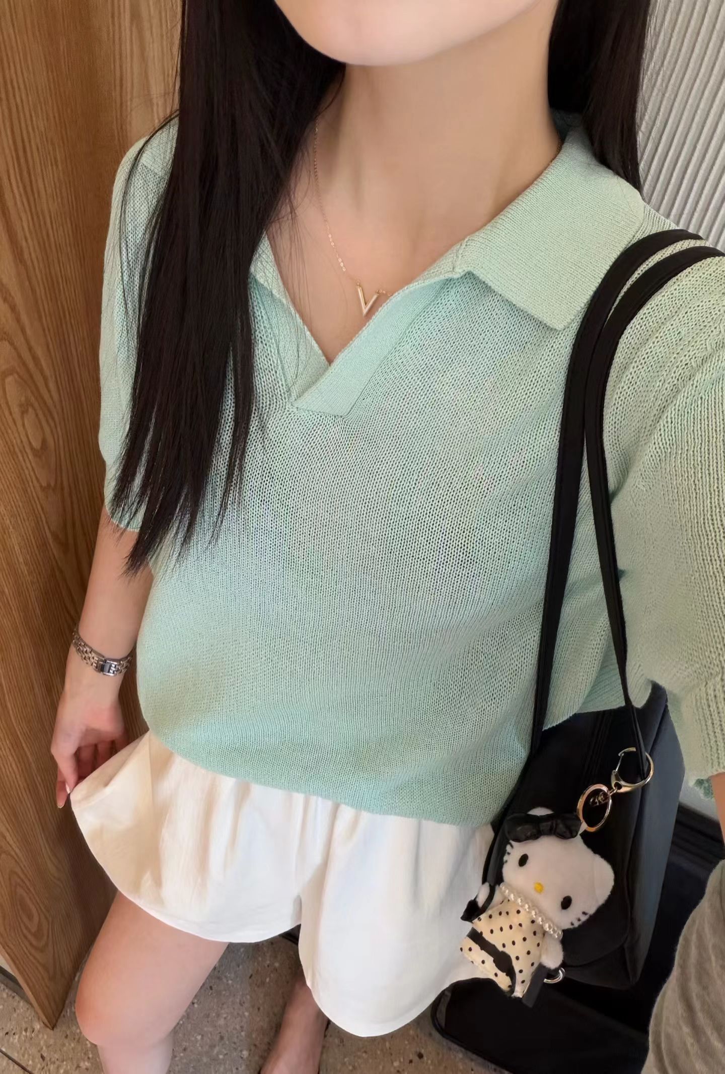 韩国东大门正品女装 翻领正肩polo衫女冰丝针织短袖t恤女短款上衣