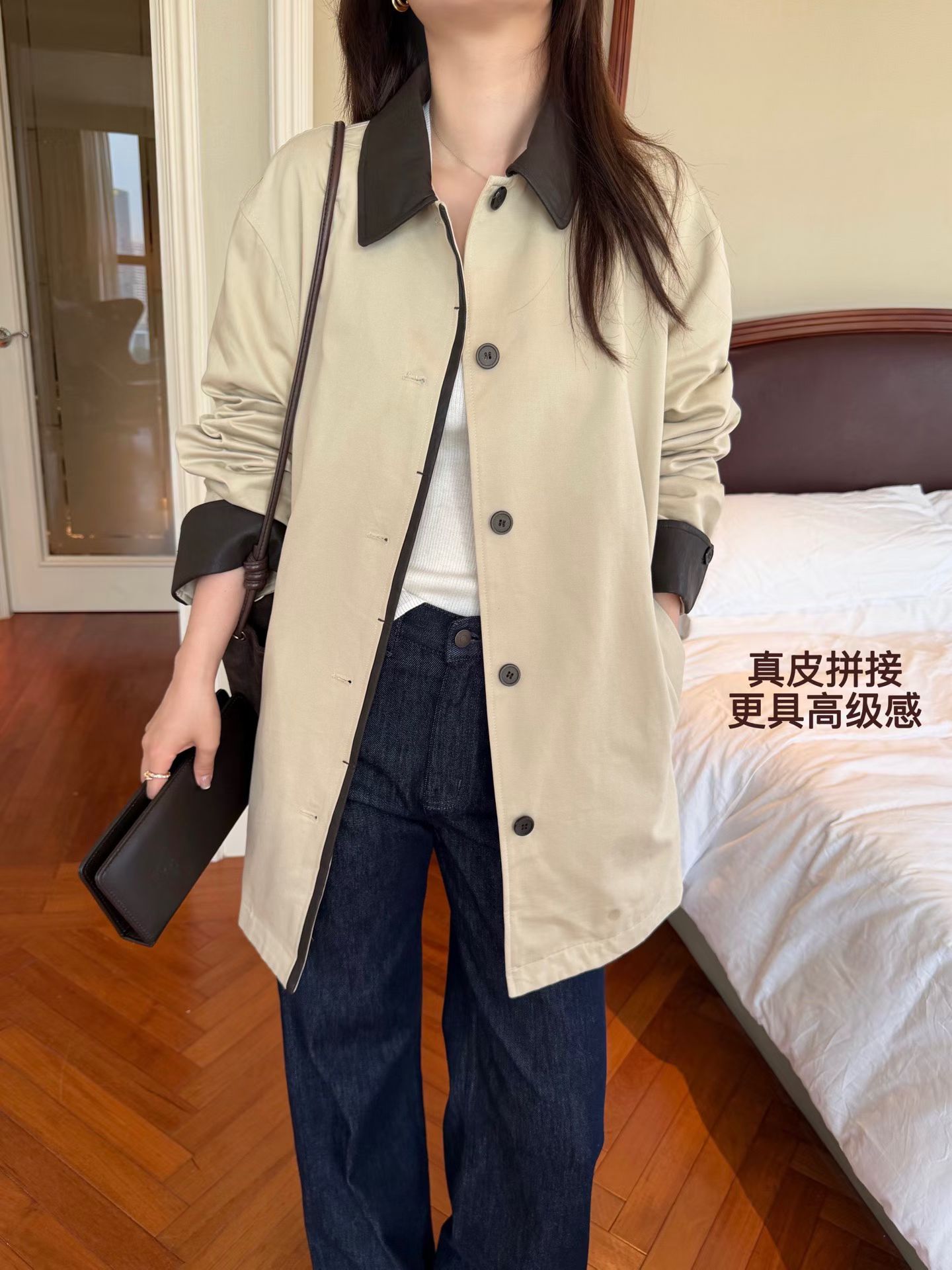 韩国东大门正品2026秋季新款百搭显瘦真皮拼接长袖风衣外套女上衣