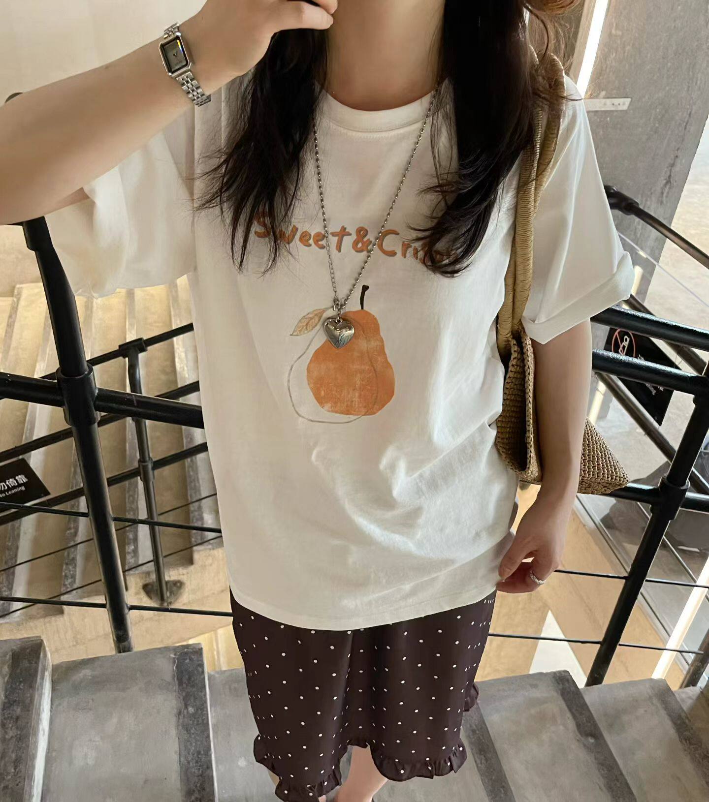 韩国东大门正品女装时尚百搭圆领短袖字母鸭梨印花T恤宽松显瘦ins