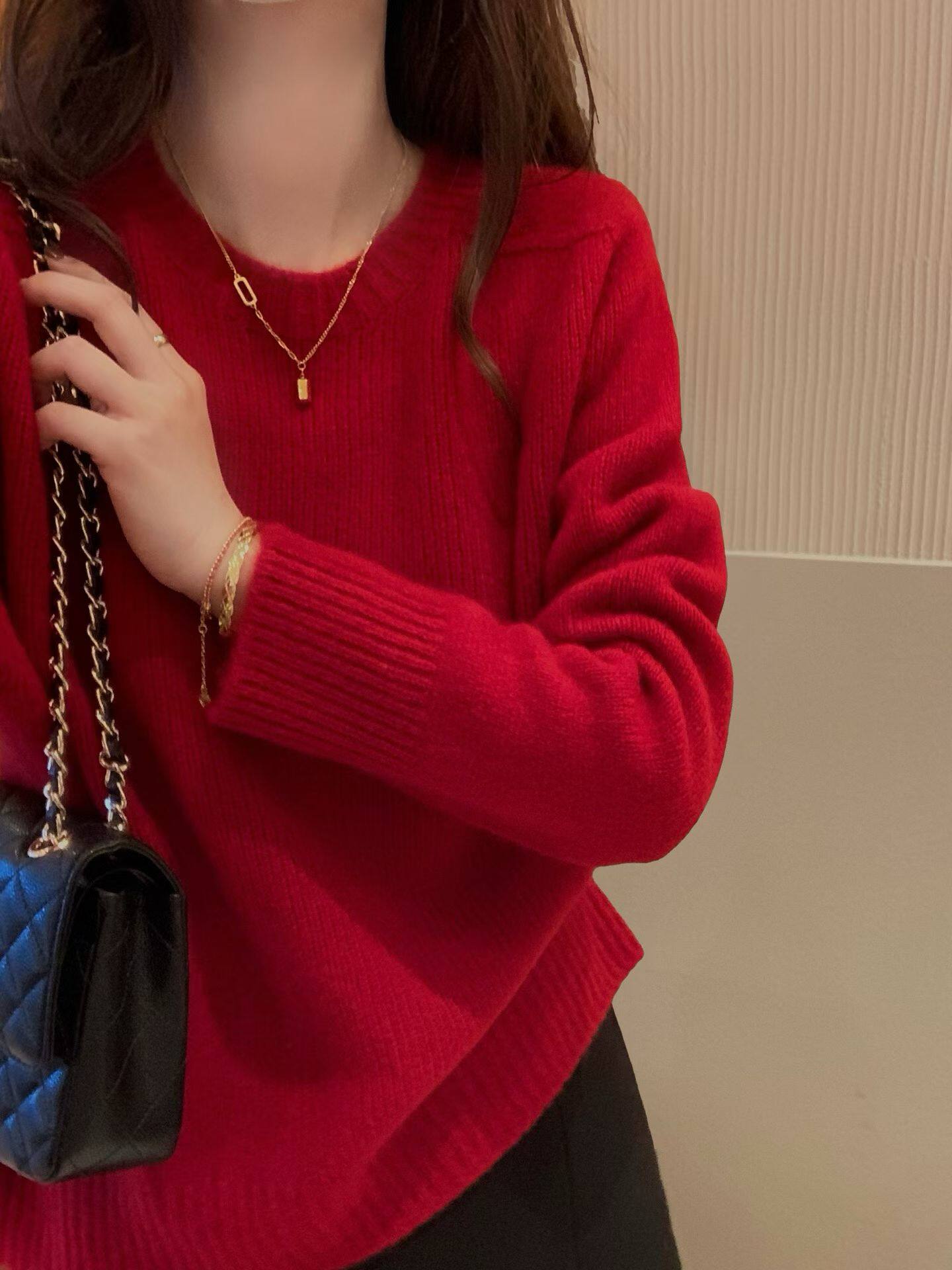 韩国东大门正品女装秋冬百分百山羊绒红色新年圆领宽松显瘦针织衫