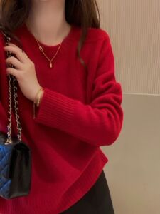 韩国东大门正品女装秋冬百分百山羊绒红色新年圆领宽松显瘦针织衫