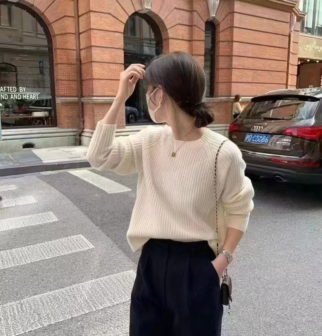 韩国东大门正品女装2025新款百搭圆领长袖纯色坑条针织衫女毛衣