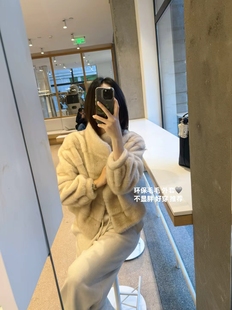 韩国东大门正品女装秋冬高品质立领暗纹宽松显瘦皮草外套环保皮草