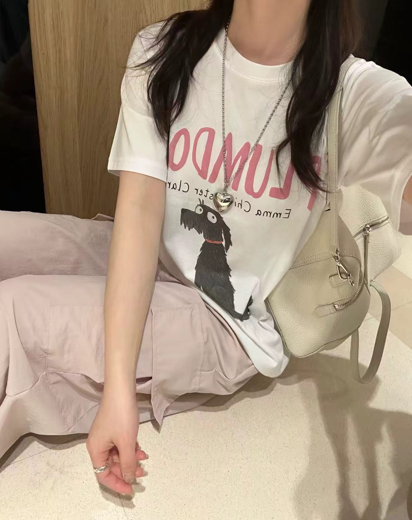 韩国东大门正品女装2026新款圆领短袖卡通小狗字母印花宽松T恤