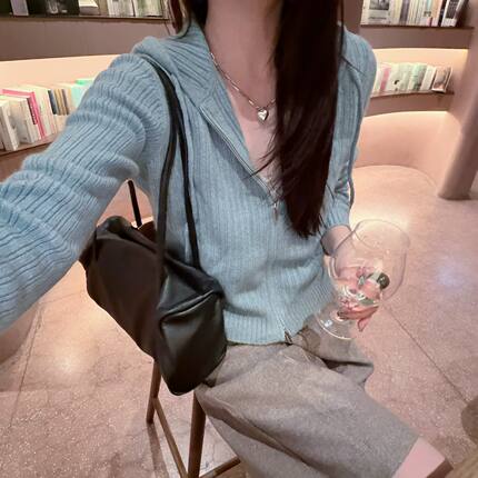 韩国东大门正品女装2026新款百搭显瘦连帽双拉链羊毛长袖针织开衫