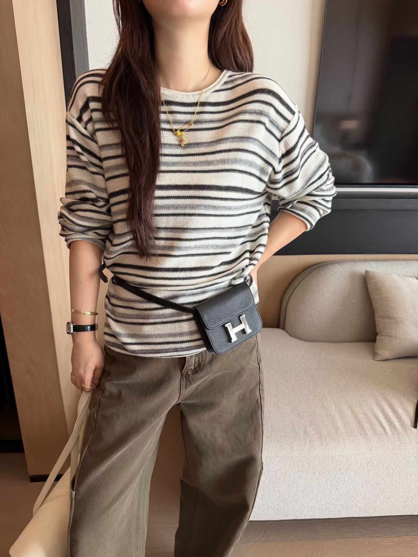 韩国东大门正品2026秋季新款百搭显瘦圆领条纹长袖针织衫女上衣潮