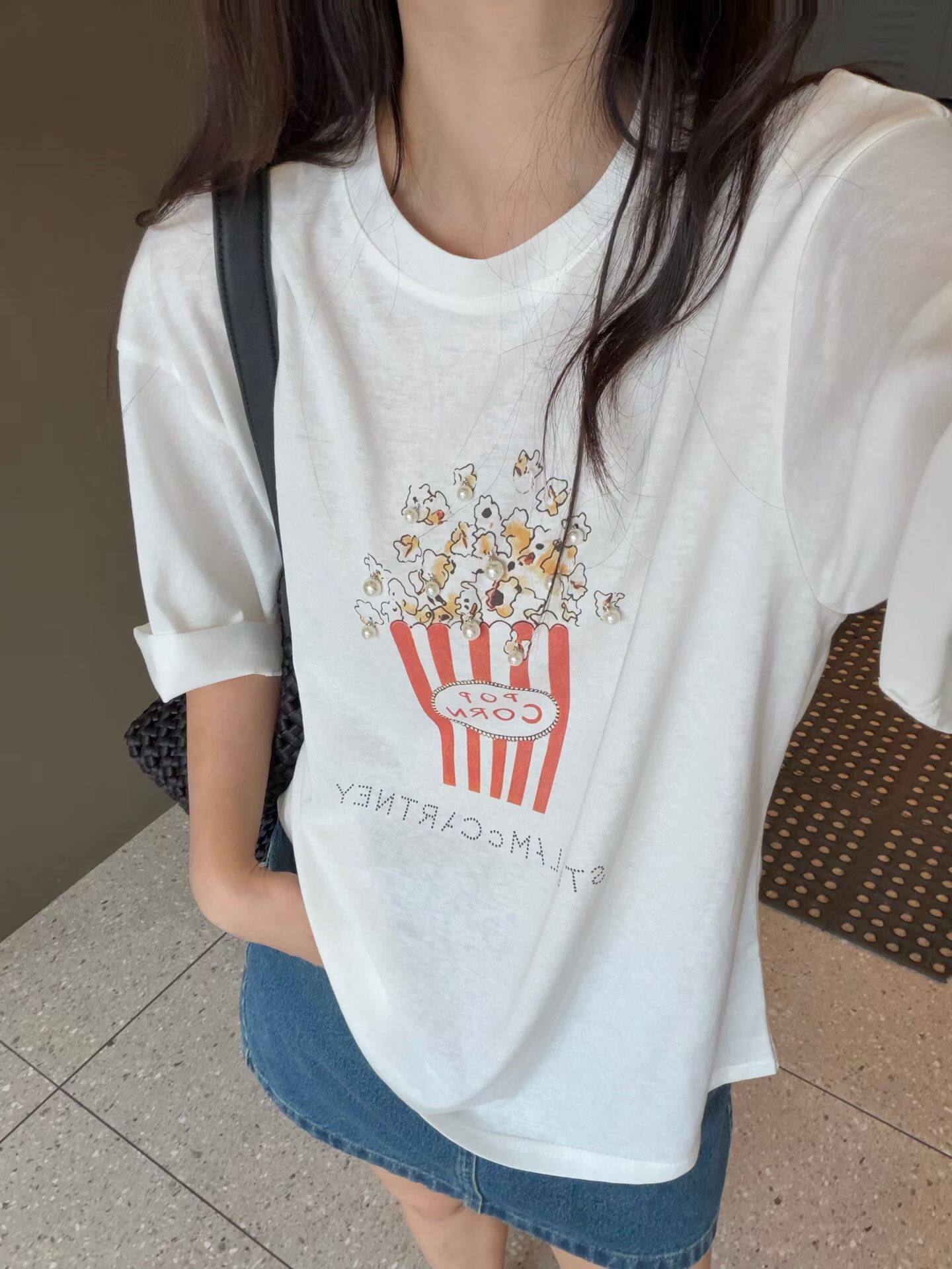 韩国东大门正品女百搭圆领珍珠爆米花短袖T恤宽松显瘦休闲上衣ins