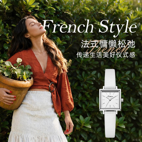 【新品】圣缇斯小方盒小方表女士手表皮带表生日情人节礼物送女友