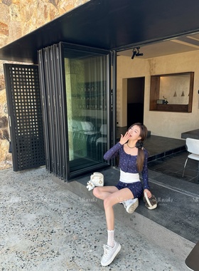 MJAMILA BM风辣妹修身套装小碎花上衣+吊带+短裤三件套韩味十足女