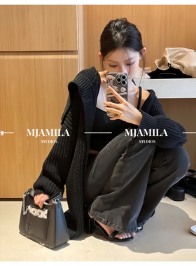 MJAMILA23s黑色毛衣外套女设计感小众早春慵懒风宽松外穿针织开衫