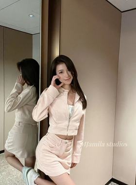MJAMILA 23早春炒鸡显白珍珠粉纯欲气质套装韩系甜妹显瘦上衣短裙