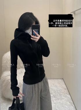 MJAMILA 23ss超显身材黑色百搭卫衣私服修身收腰拉链连帽外套长袖