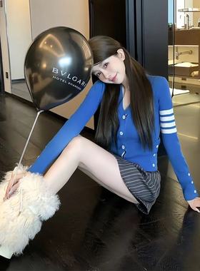 MJAMILA  蓝色tb针织开衫时尚百搭休闲秋冬v领短款修身毛衣外套女