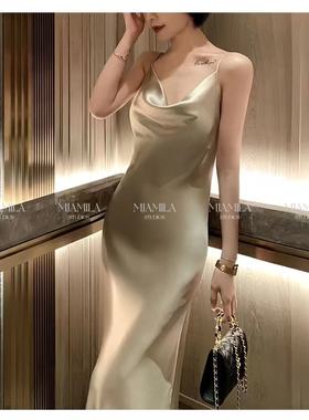 MJAMILA 轻奢法式气质优雅性感真丝吊带睡裙外穿拍照垂荡领连衣裙