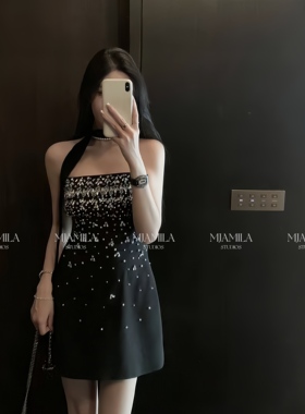 MJAMILA 名媛定制重工水钻钉珠露背连衣裙女修身百搭高级感a字裙