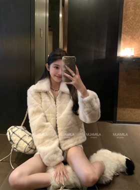 MJAMILA23ss冬季时尚轻奢高贵名y菱格纹环保水貂切割翻领短款外套