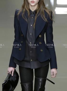 MJAMILA 23秋冬老钱风气质时尚帅气收腰显瘦百搭藏蓝色洋气外套女