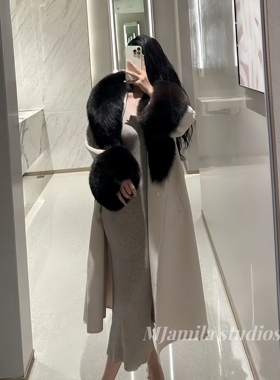 MJAMILA 23高端狐狸毛领大衣中长款阔太名媛气质皮草毛呢保暖外套