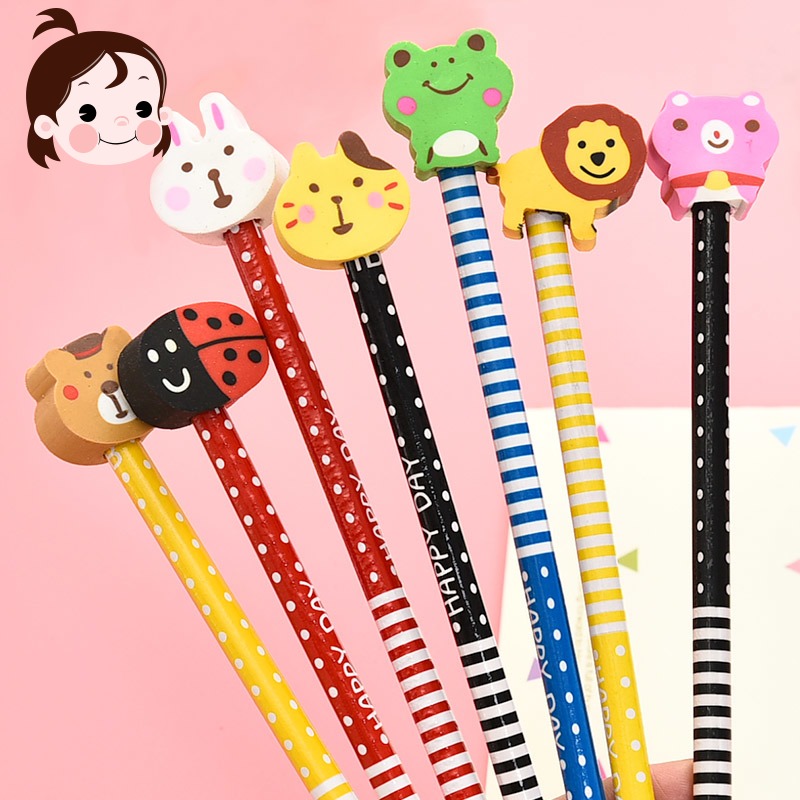 鉛筆文具批發可愛卡通動物帶橡皮擦小學生用無毒創意兒童學習用品