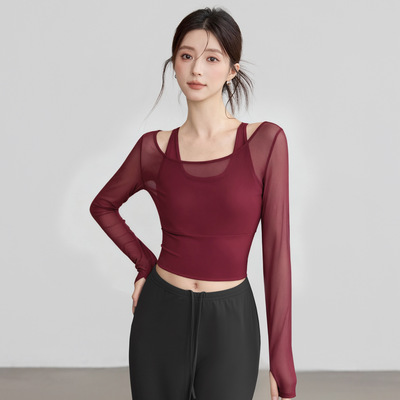 2026超火瑜伽服上衣长袖网纱带胸垫跑步运动普拉提训练健身套装女