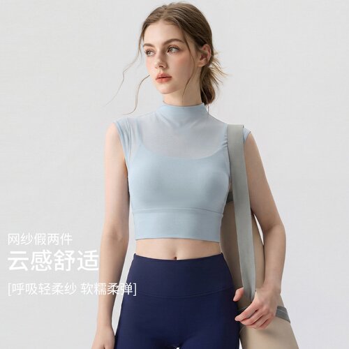 假两件瑜伽服夏季透气网纱跑步健身普拉提训练无袖运动上衣二件套